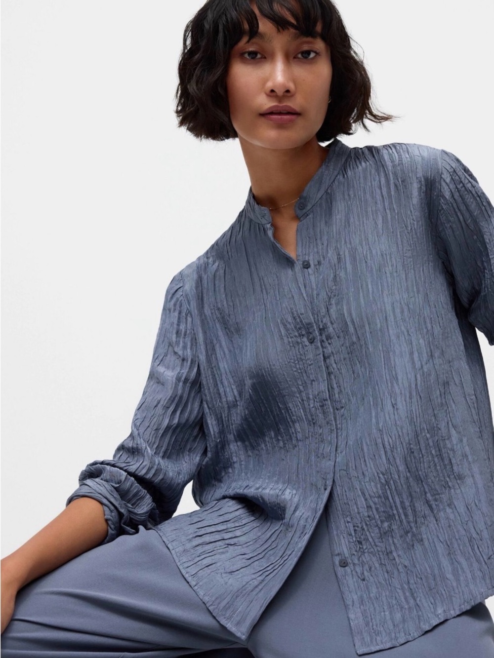 Eileen Fisher Crinkled Light Blue Button-Down Shirt